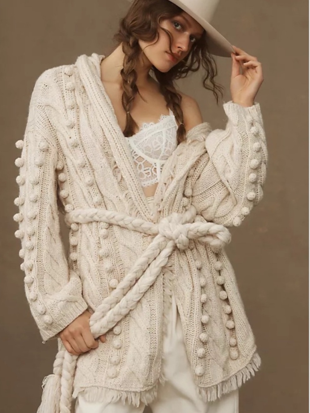 Farm Rio Khaki cream Braided Knit wrap Cardigan rope belt fall vibes sz small S